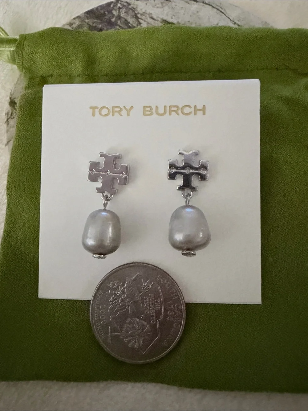 Tory Burch Silver Tone Logo Pearl Drop Earrings